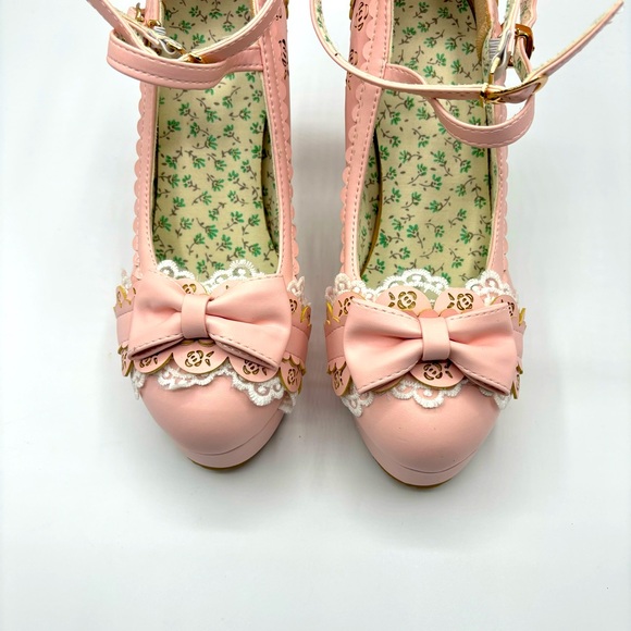 Bow Lace Princess Lolita Shoes Womens Chunky High Heels Ankle Strap Pumps Size 8 - Picture 10 of 12